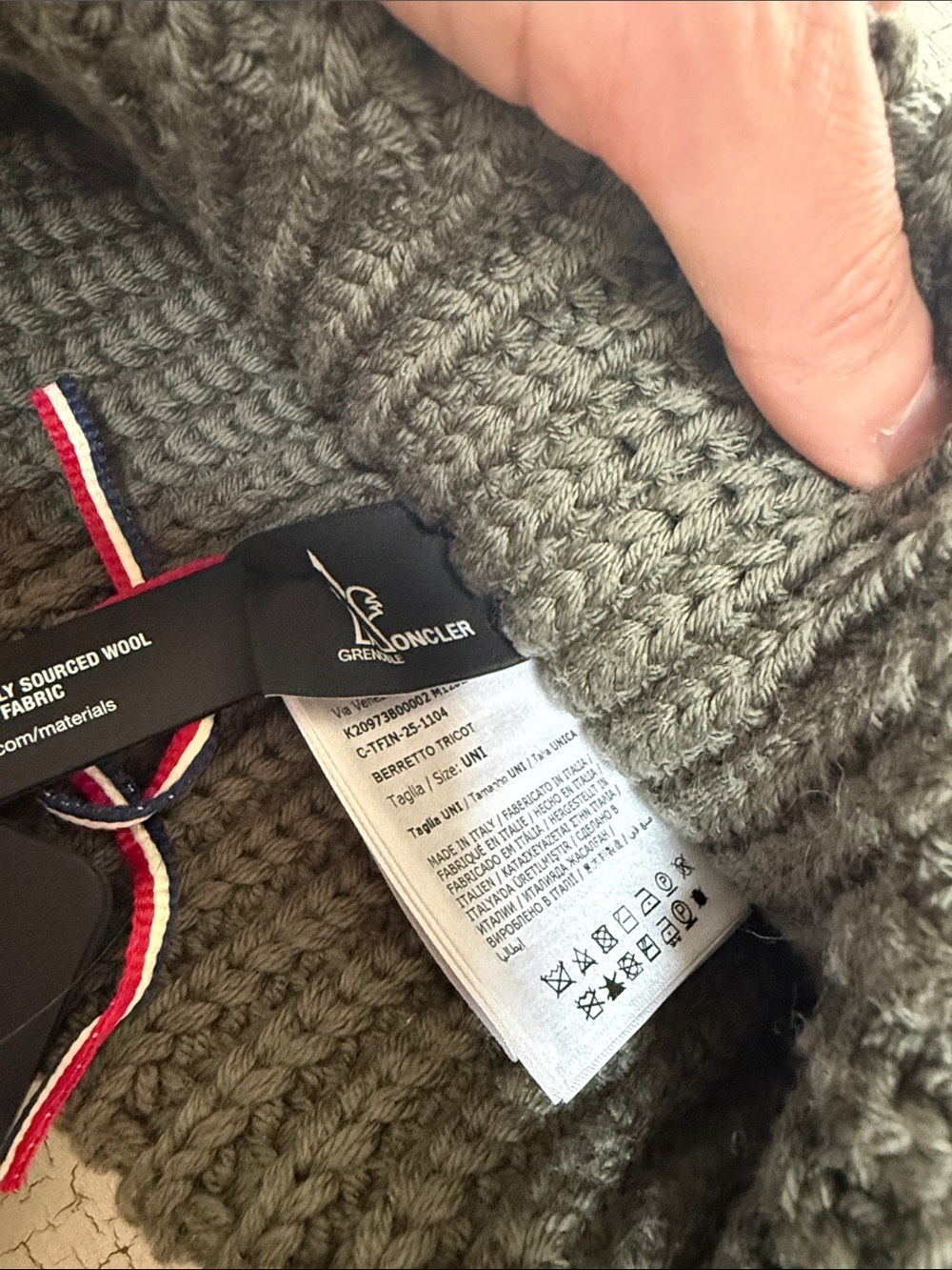 Moncler Olive Ribbed Knit Beanie with Tricolor Logo - Picture 3 of 3